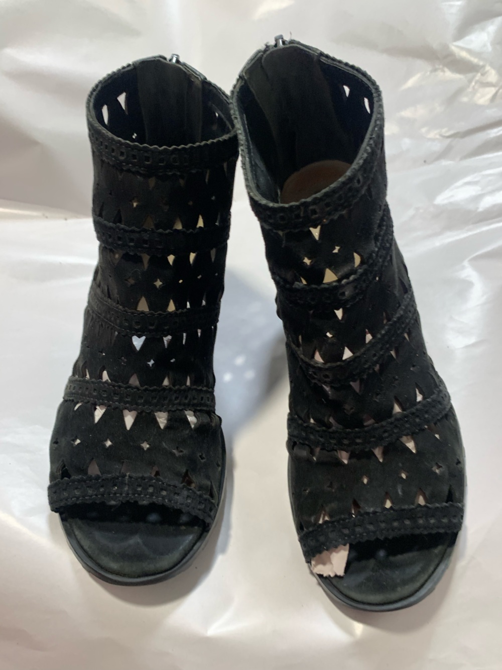 Black Laser-Cut Suede Peep-Toe Wedge Sandals size 7